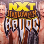 Carmelo Hayes with a text bubble reading “I’m ready” next to Ilja Dragunov with the NXT Halloween Havoc logo as the background.