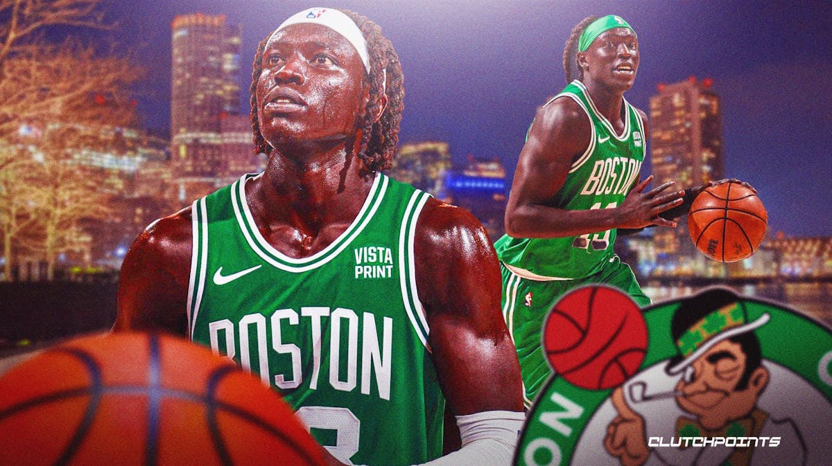Wenyen Gabriel in a Celtics jersey looking serious on a Boston city background