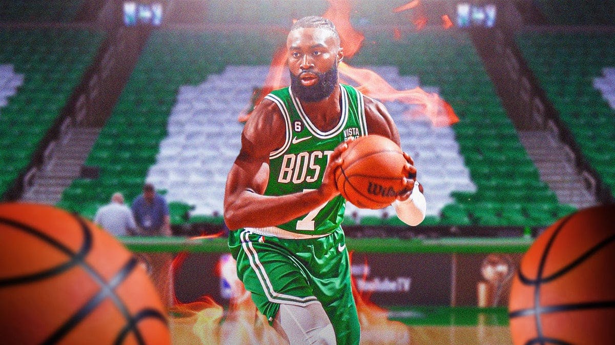 ACTION SHOT of Jaylen Brown of the Celtics with fire effect