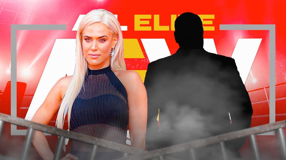 CJ Perry next to the blacked-out silhouette of Paul Heyman with the AEW logo as the background.