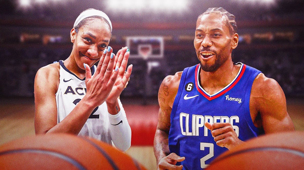 Kawhi Leonard smiling/happy expression side by side with A’Ja Wilson, also with a happy expression, on a basketball court