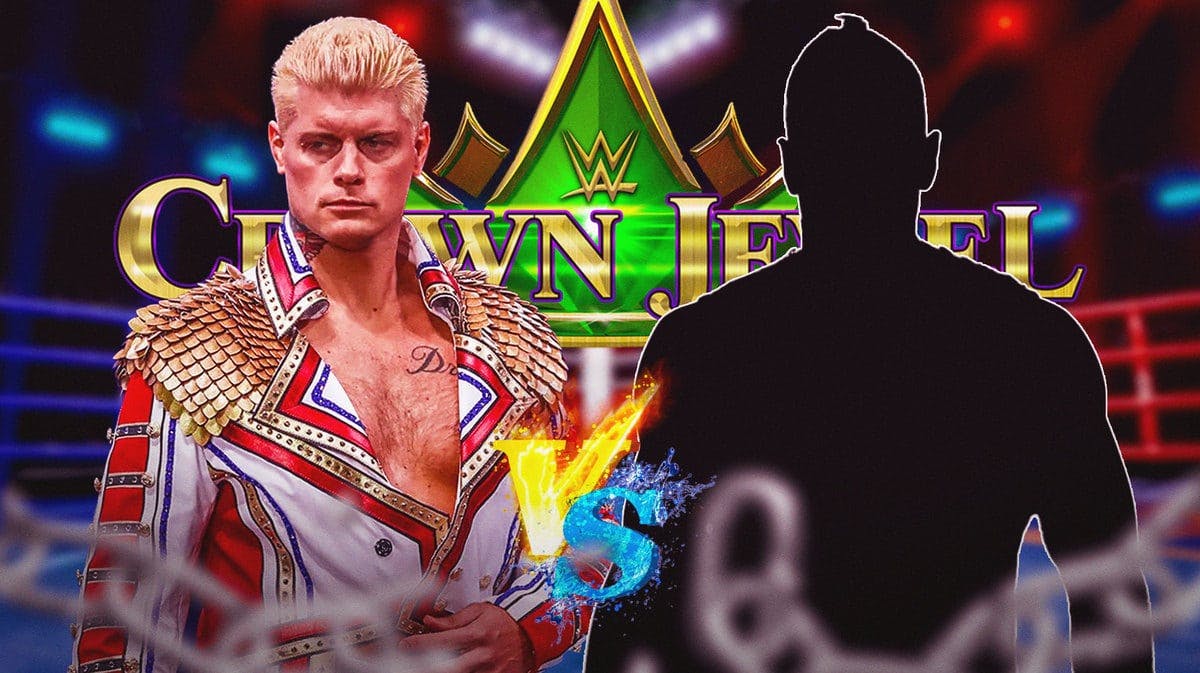 Cody Rhodes on the left a Vs. symbol in the middle and the blacked-out silhouette of Damian Priest on the right with the 2023 WWE Crown Jewel logo as the background.