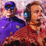 Photo: Nick Saban in Alabama gear and Brian Kelly in LSU gear with fans in the background