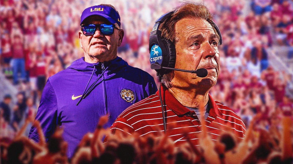 Photo: Nick Saban in Alabama gear and Brian Kelly in LSU gear with fans in the background