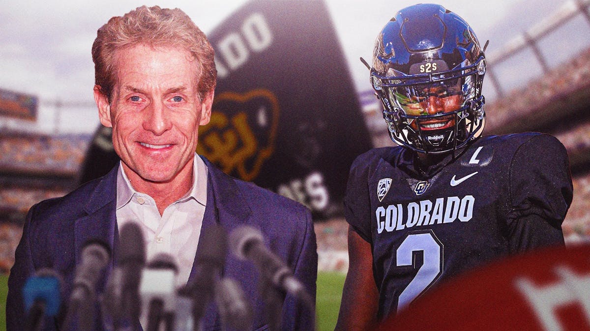 Colorado football's quarterback Shedeur Sanders and Skip Bayless in front of Folsom Field.