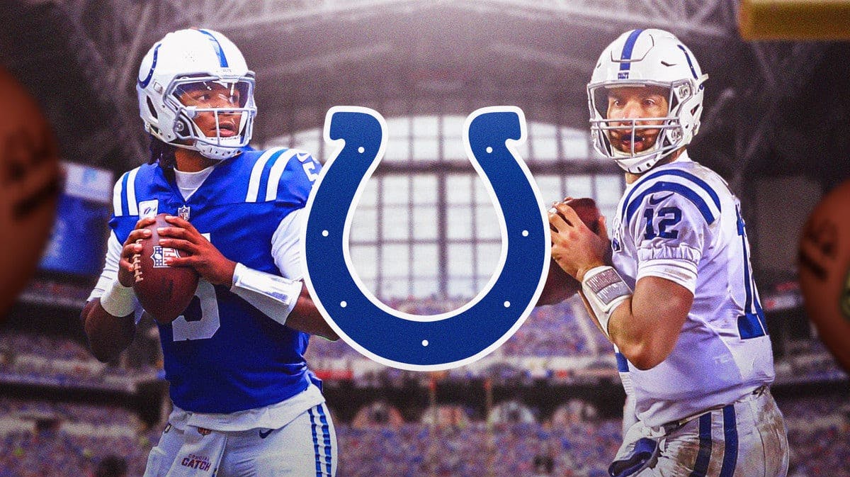 Anthony Richardson and Andrew Luck looking at Colts logo. Background Lucas Oil Stadium