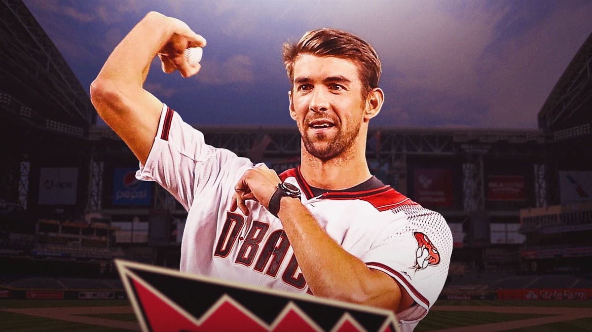 Michael Phelps pitching a baseball at Chase Field