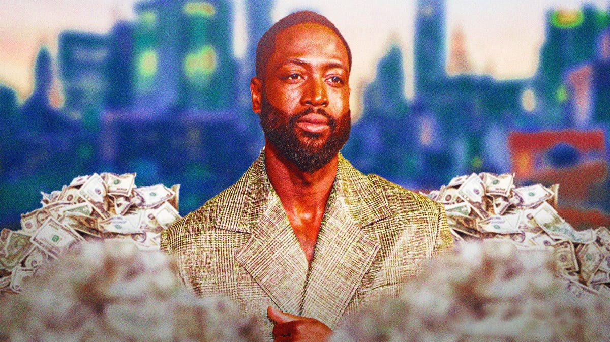Dwyane Wade surrounded by piles of cash.