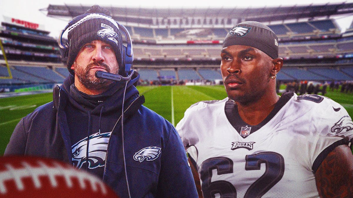 Philadelphia Eagles head coach Nick Sirianni and receiver Julio Jones in front of Lincoln Financial Field.