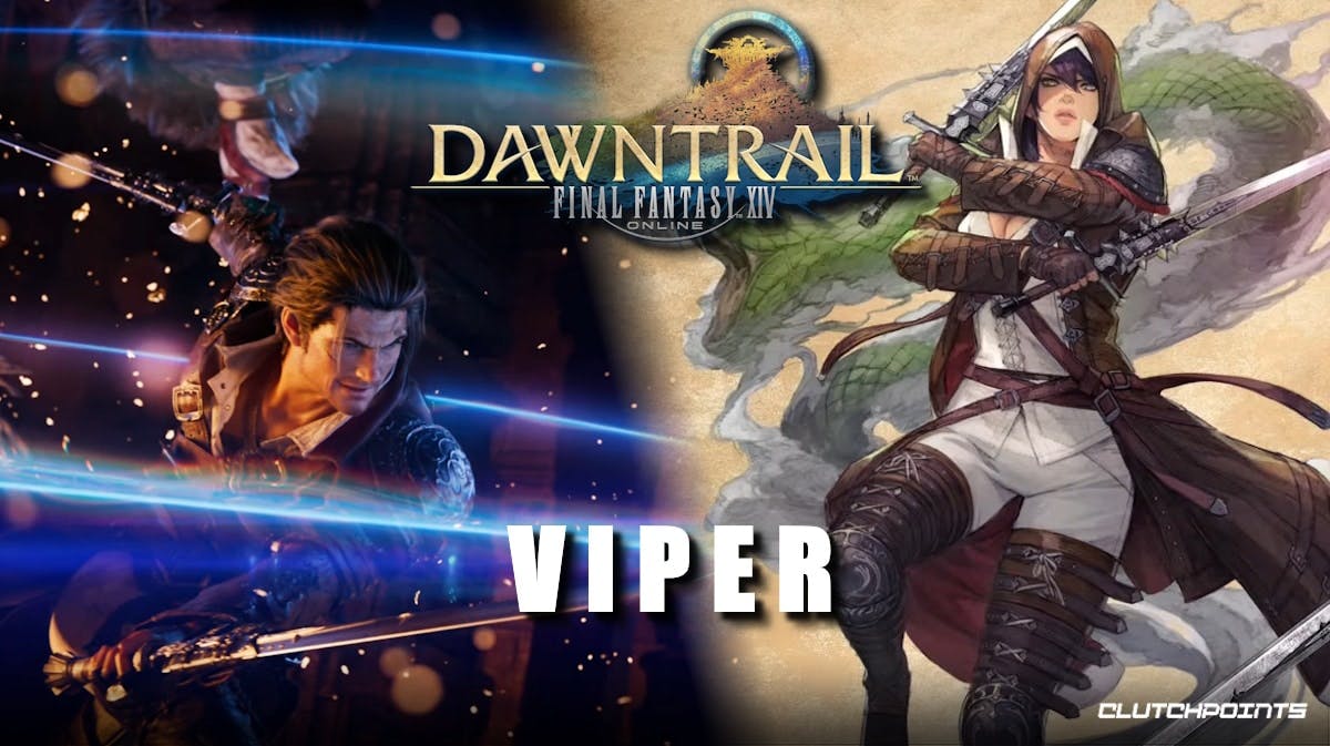 ffxiv viper, ffxiv new melee dps, ffxiv new job, ffxiv dawntrail, ffxiv, the image contains a screenshot from the Dawntrail teaser showing off the new Viper job as well as the art for the job with the Dawntrail logo above and the word viper below