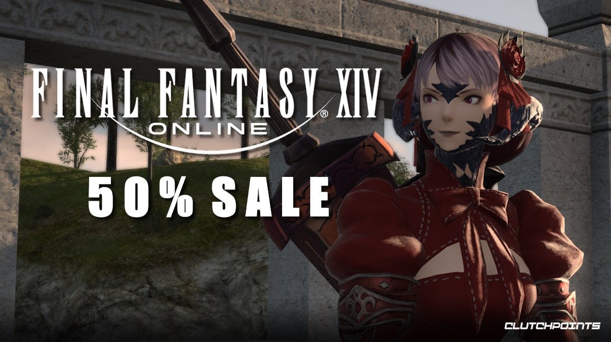 An image of an in-game character looking to the left while smiling with the FFXIV logo to the left and a 50% Sale text underneath it, ffxiv october 2023 sale, ffxiv sale, ffxiv, ffxiv october sale