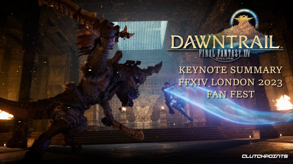 ffxiv london fanfest 2023 keynote, ffxiv keynote, ffxiv keynote summary, ffxiv fanfest 2023 keynote, ffxiv, A Screenshot from the FFXIV Dawntrail Teaser which contains the expansion's logo with the words keynote summary ffxiv london 2023 fanfest under it