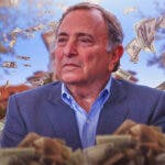 NHL commissioner Gary Bettman surrounded by piles of cash.