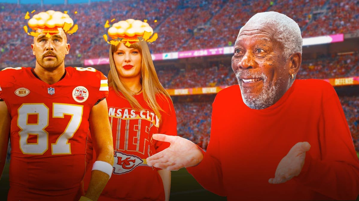 Mordan Freeman as an old man shrugging. Travis Kelce and Taylor Swift with mind-blown heads