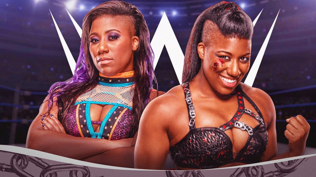 AEW’s Athena next to Ember Moon with the WWE logo as the background.