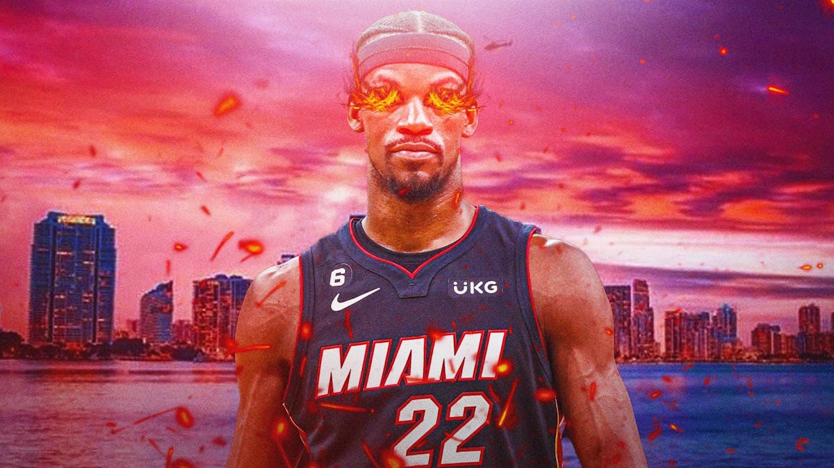 Miami Heat star Jimmy Butler with fire in his eyes in front of the city of Miami.