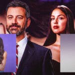 Jimmy Kimmel and Olivia Rodrigo with Sour and Guts album covers and a mystery album title.