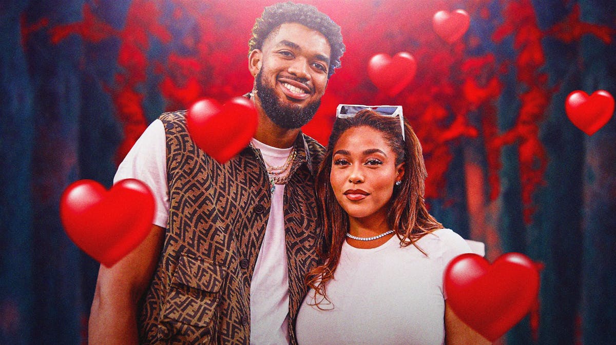 Karl-Anthony Towns and Jordyn Woods surrounded by hearts.
