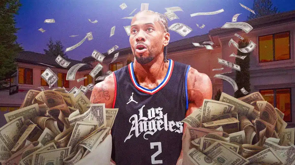 The Los Angeles Clippers' Kawhi Leonard surrounded by piles of cash.