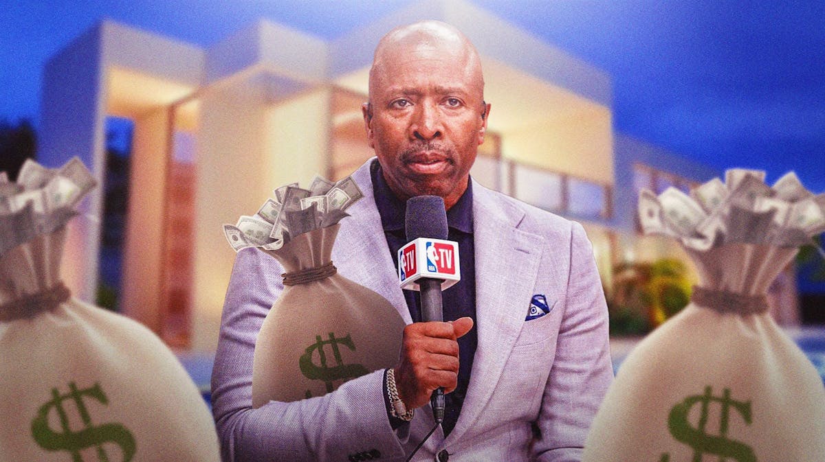 Kenny Smith in a suit surrounded by piles of cash.
