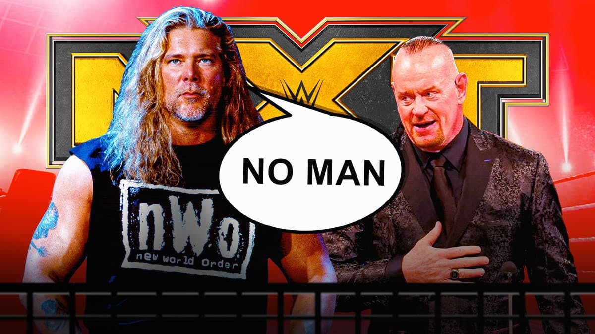 Kevin Nash with a text bubble reading “No man” next to The Undertaker with the NXT logo as the background.