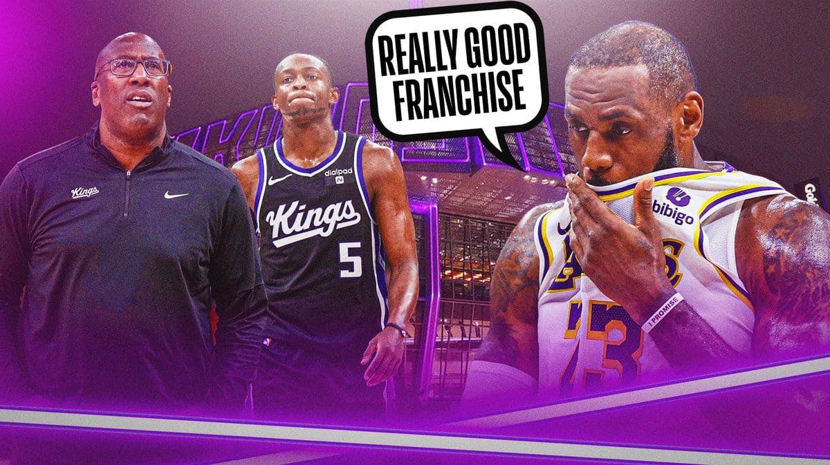 Lakers' LeBron James saying "really good franchise" alongside Kings' Mike Brown and De'Aaron Fox