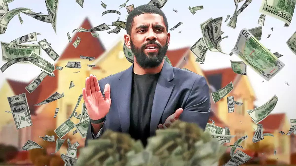 Kyrie Irving surrounded by piles of cash.
