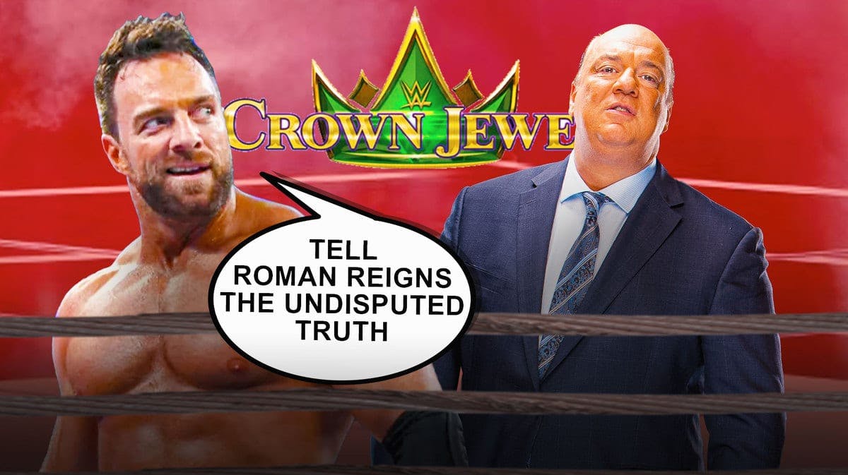 LA Knight with a text bubble reading “Tell Roman Reigns the undisputed truth” next to Paul Heyman in a WWE wrestling ring with the 2023 WWE Crown Jewel logo as the background.