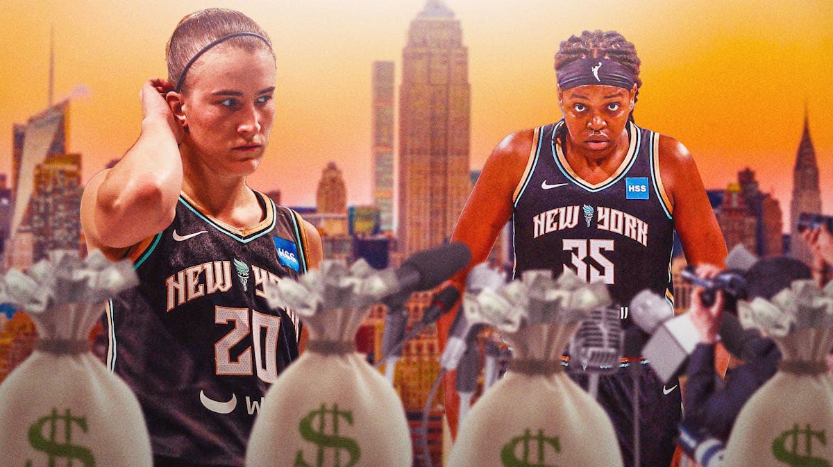 Jonquel Jones and Sabrina Ionescu with microphones and money in front of them