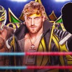 Logan Paul with Rey Mysterio on his left and the blacked-out silhouette of Dominik Mysterio on his right with the 2023 WWE Crown Jewel logo as the background.