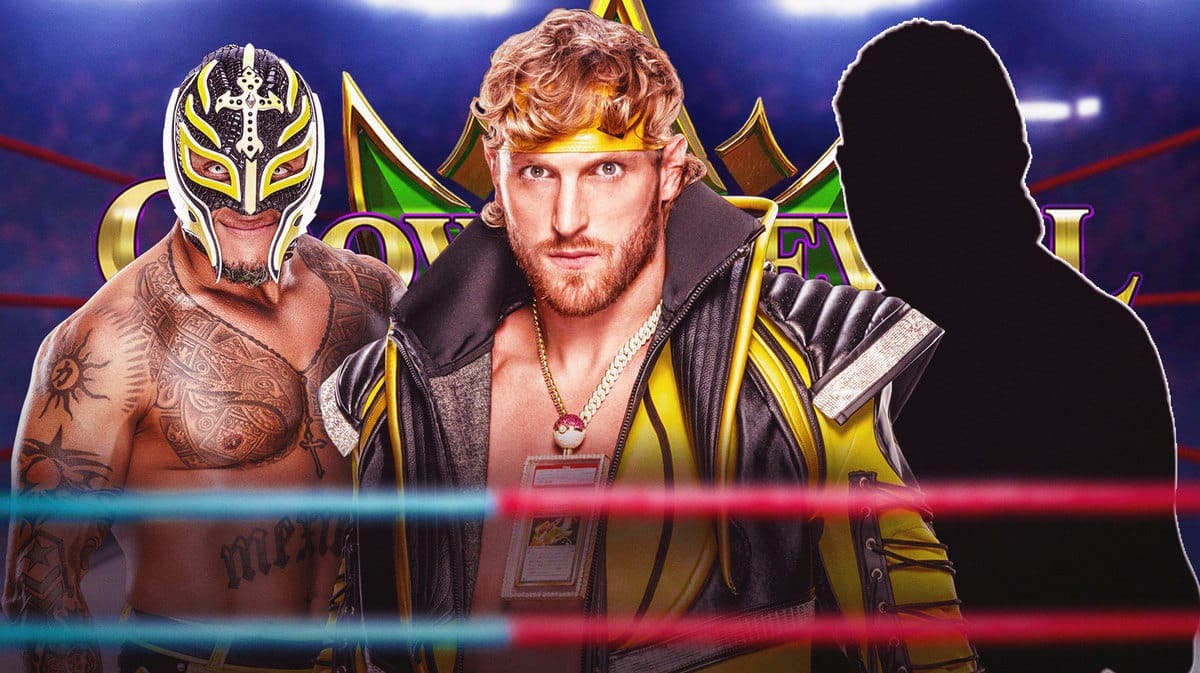 Logan Paul with Rey Mysterio on his left and the blacked-out silhouette of Dominik Mysterio on his right with the 2023 WWE Crown Jewel logo as the background.