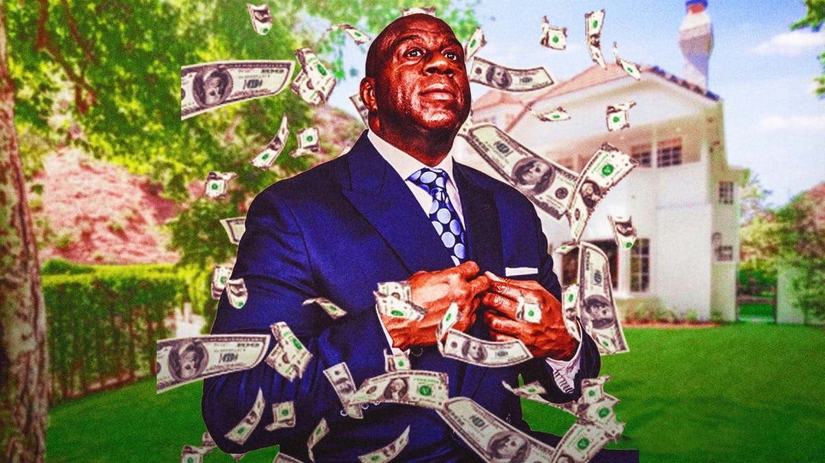 Magic Johnson surrounded by flying money.