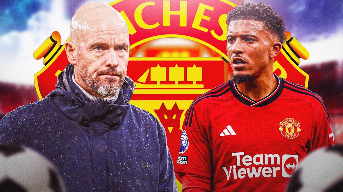 Erik ten Hag and Jadon Sancho looking towards each other, the Manchester United logo in the middle