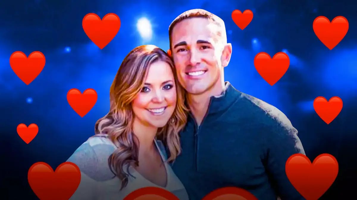 Matt LaFleur and BreAnne Maak surrounded by hearts.