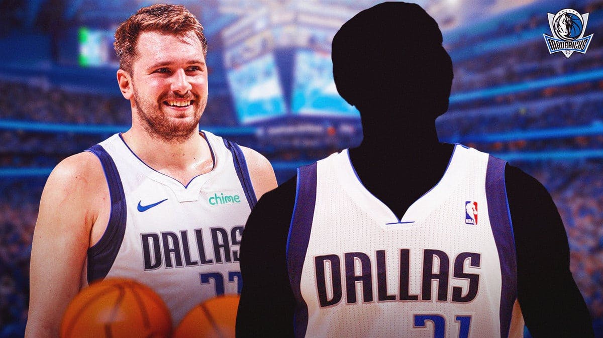 Luka Doncic on one side looking impressed, silhouette of another Dallas Mavs player on other side, Mavs logo in image, basketball court in background
