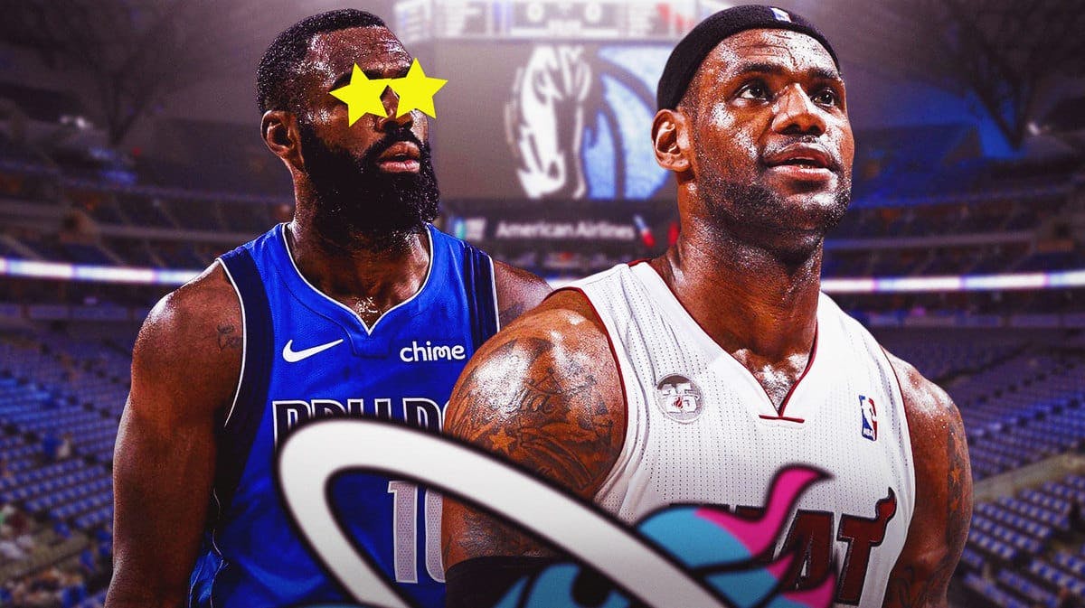 Tim Hardaway Jr. of the Mavs with stars in his eyes looking at LeBron James in a Miami Heat jersey