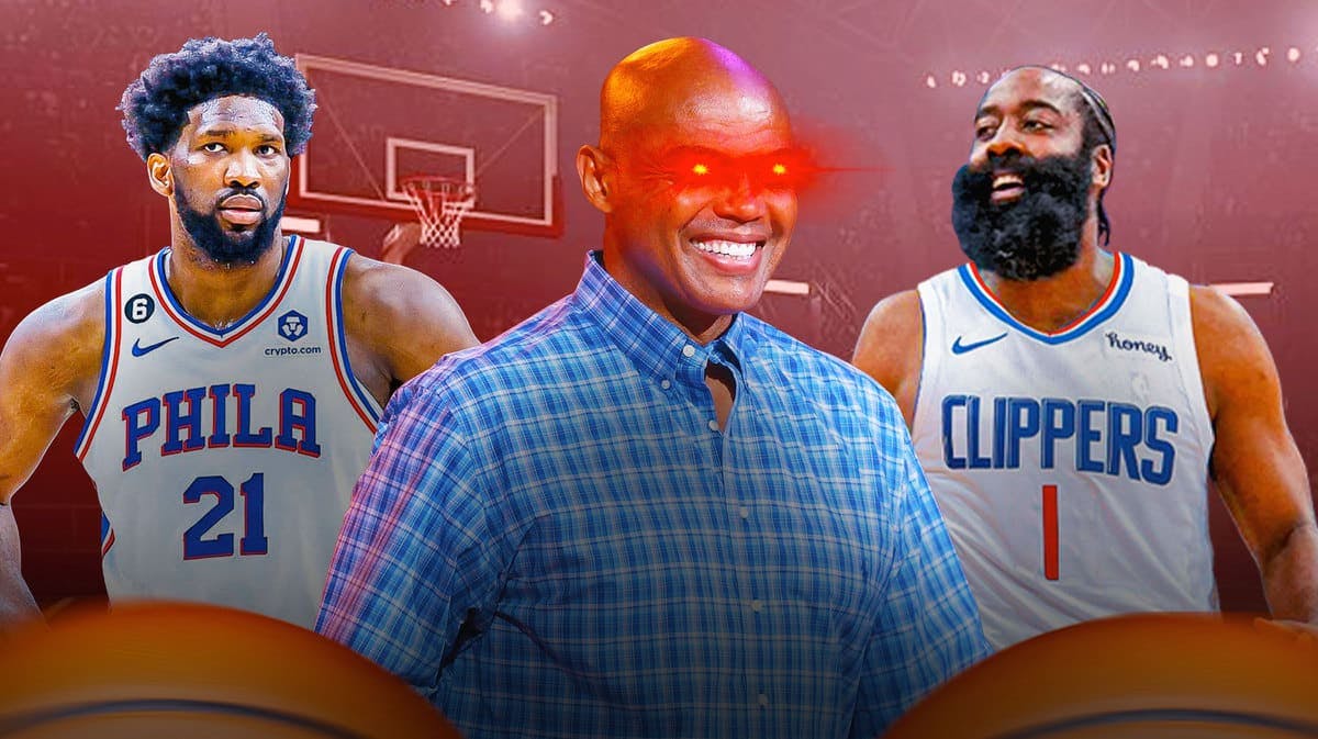 Charles Barkley with woke eyes, James Harden in Clippers unform, Joel Embiid of the Sixers