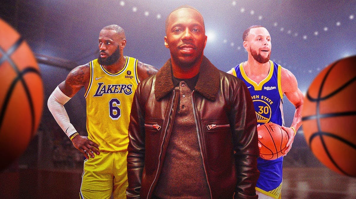 NBA agent Rich Paul stands next to LeBron James and Steph Curry, symbols of player empowerment.