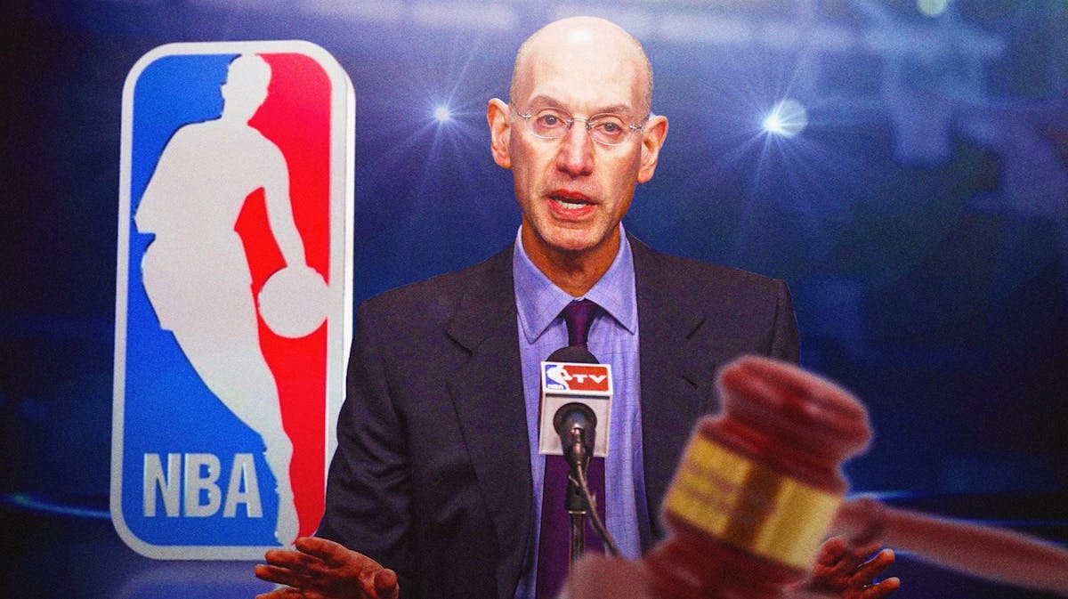 NBA logo in the background. Adam Silver in front with a gavel