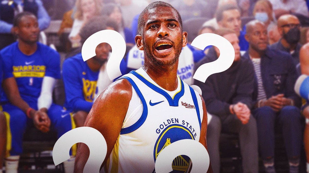 Warriors' Chris Paul sitting on an NBA sideline with a question mark next to him