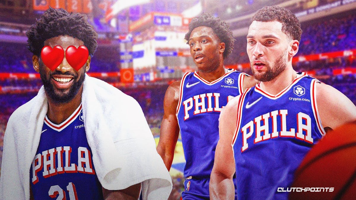 Thumb: Zach Lavine, OG Anunoby in Sixers jerseys. Joel Embiid with heart eyes.