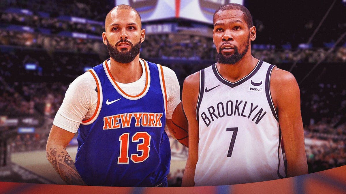 Evan Fournier next to Kevin Durant in a Nets uniform.