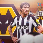 Sandro Tonali in front of the Newcastle and Wolverhampton logos