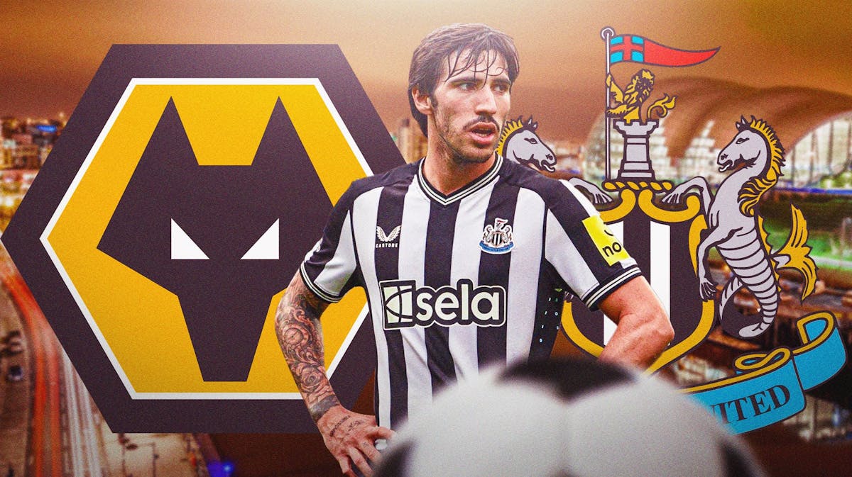 Sandro Tonali in front of the Newcastle and Wolverhampton logos