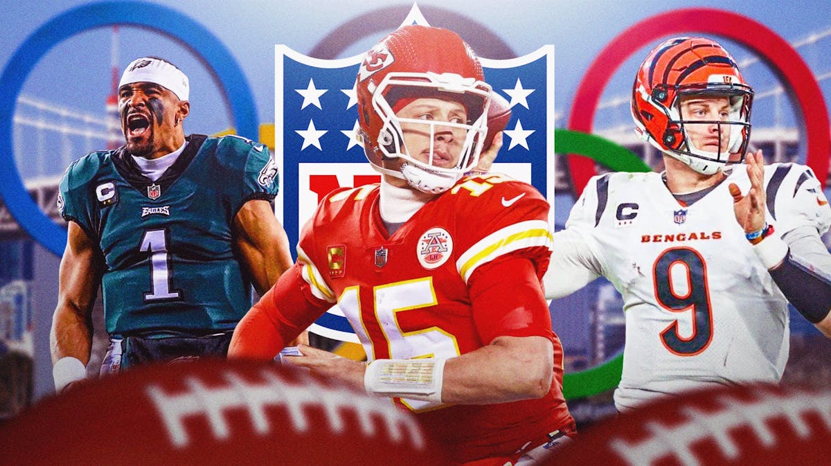 Patrick Mahomes, Jalen Hurts, Joe Burrow, with the NFL and Olympic logos behind them