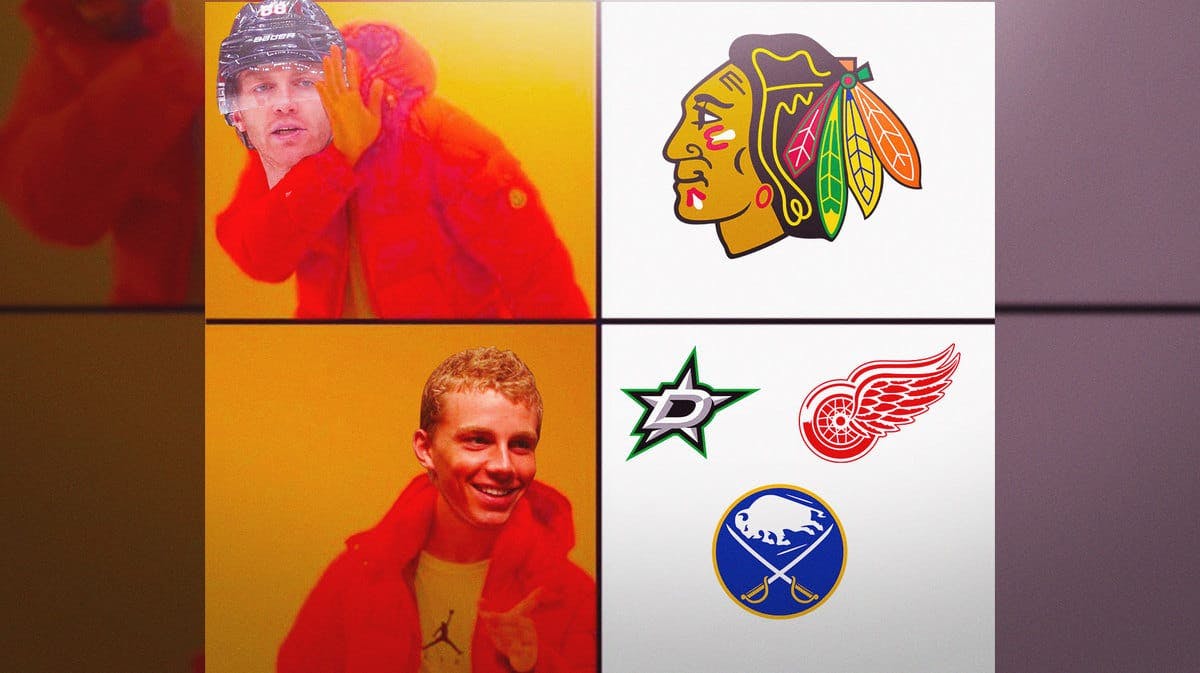 Patrick Kane in the Drake Hotline Bling meme with Chicago Blackhawks, Dallas Stars, Detroit Red Wings and Buffalo Sabres logos