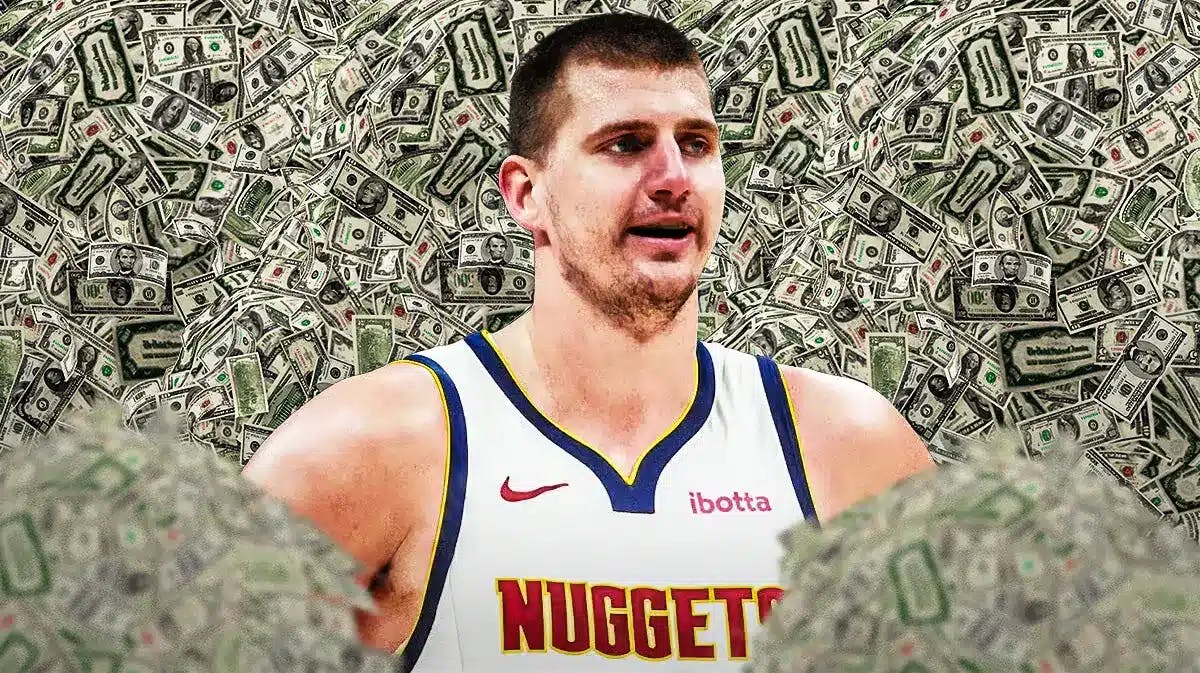 Nikola Jokic surrounded by piles of cash.