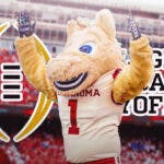 Oklahoma Sooners mascot in front of the College Football Playoff logo