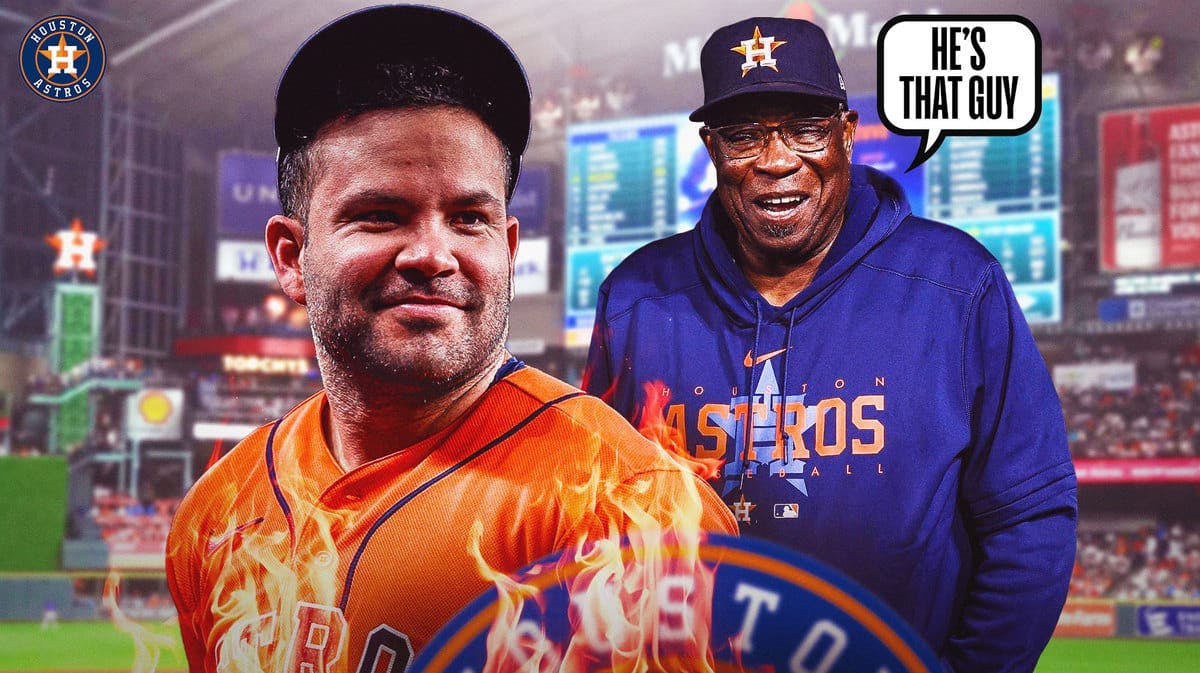 Image: Jose Altuve in middle of image with fire around him looking happy, Dusty Baker on one side with speech bubble: “He’s that guy” , Astros logo, baseball field in background