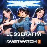 An anime-style artworrk of Le Sserafim members for their collab with Overwatch 2 complete with text of the two, ,overwatch 2 le sserafim, overwatch 2, le sserafim, overwatch 2 collab, le sserafim collab